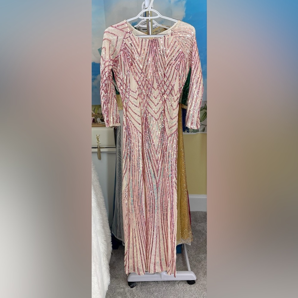 Ao dai kim sa sequin, new Vietnamese women’s traditional long dress top m 2 pink
